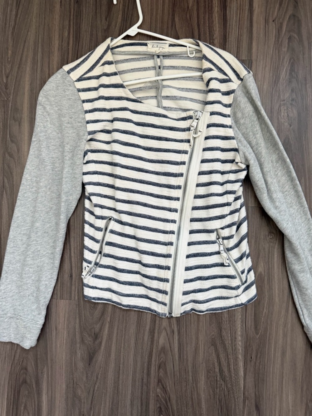 Lou & Grey LOFT Cotton Grey Striped Zip-Front Sweater Jacket Size Small